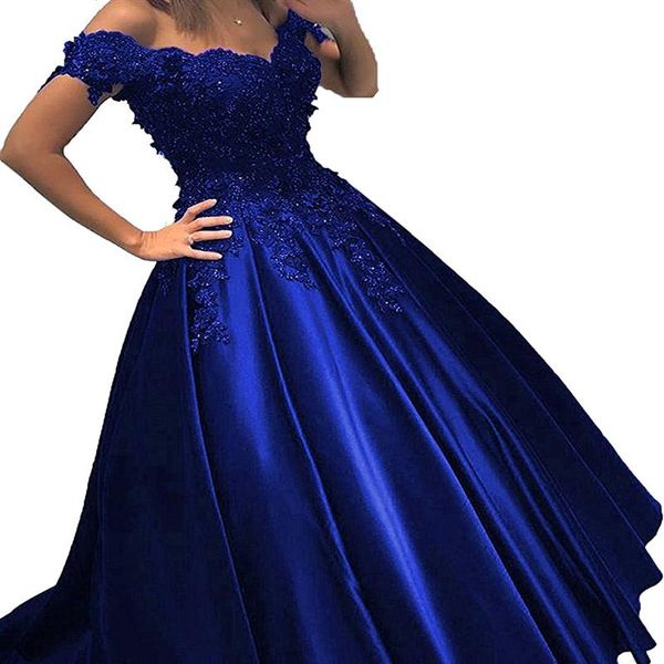 Королевские синие выпускные платья с мячом с плеча кружев 3D цветы с бисером корсет обратно атласный вечерний формальный платья270U