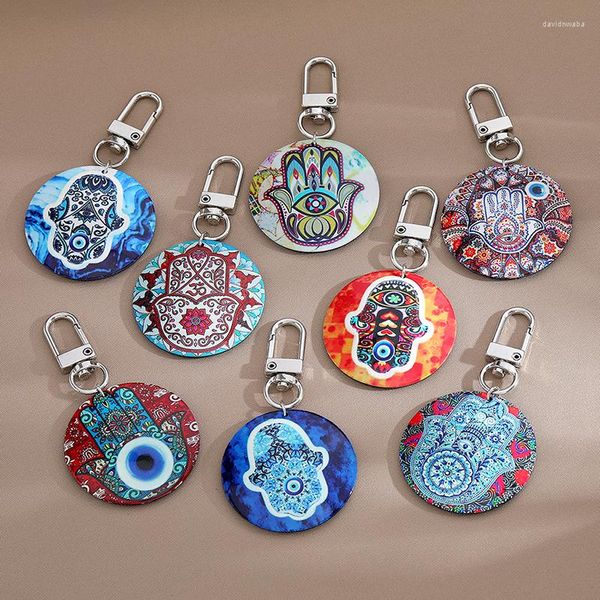 Chaveiros Coloridos Flor Evil Eye Hamsa Mão Chaveiro Chaveiro Feminino Masculino Acrílico Redondo Retrô Fatima Bolsa Car Airpods Caixa Acessórios