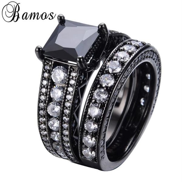 Fedi nuziali Bamos Set di anelli in zircone bianco nero romantico per coppia Gold Filled Party Engagement Love Anillos RB0150196Z