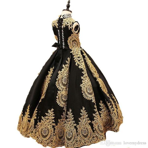 Concurso infantil vestido gola alta renda dourada tule preto vestidos de florista para casamento menina até o chão festa infantil aniversário2931