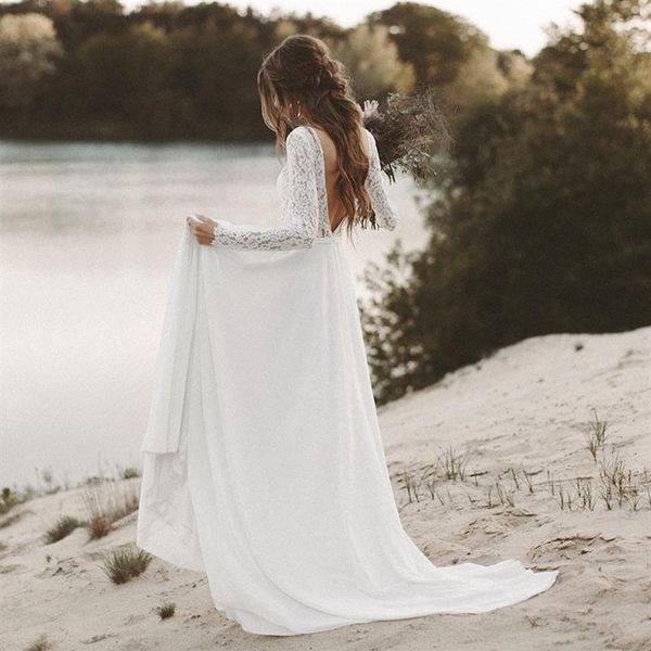 New Beach Abito da sposa maniche lunghe Boho scollo a V aperto indietro Abiti da sposa 2019 Abito da sposa in pizzo chiffon novias260T