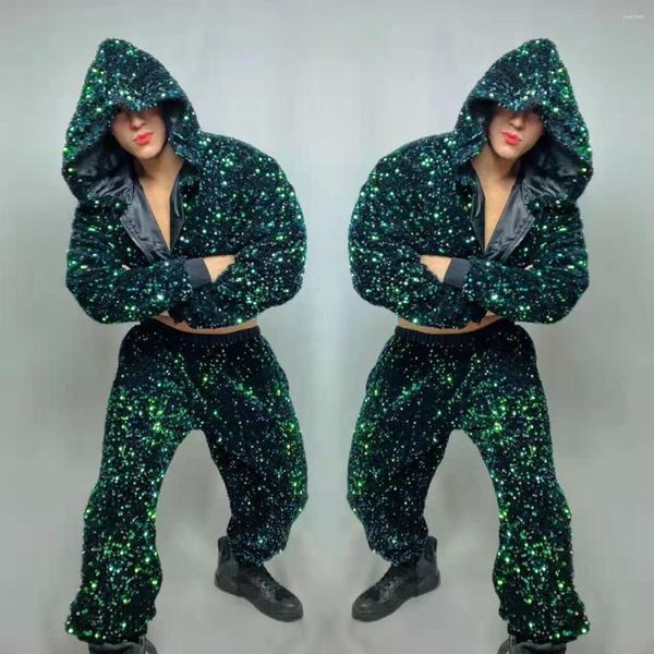 Tute da uomo Maschile Rosso Verde Paillettes Abbigliamento da ballo Hip Hop Discoteca Bar Ballerino Performance Costume Glitter Giacca corta con cappuccio Pantaloni