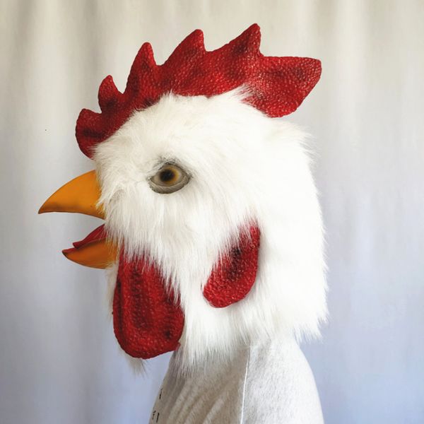 Partymasken Weiße Plüsch-Hahn-Kopf-Abdeckung Latex-Maske Vollgesichts-Huhn Lustiges Tier-Ankleide-Abschlussball-Halloween-Cosplay 230721