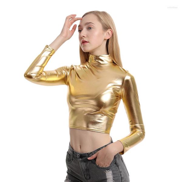 Женские футболки T Turtleneck Cosplay Solid Color Tockped Club Tance Performance Женская футболка с длинными рукавами