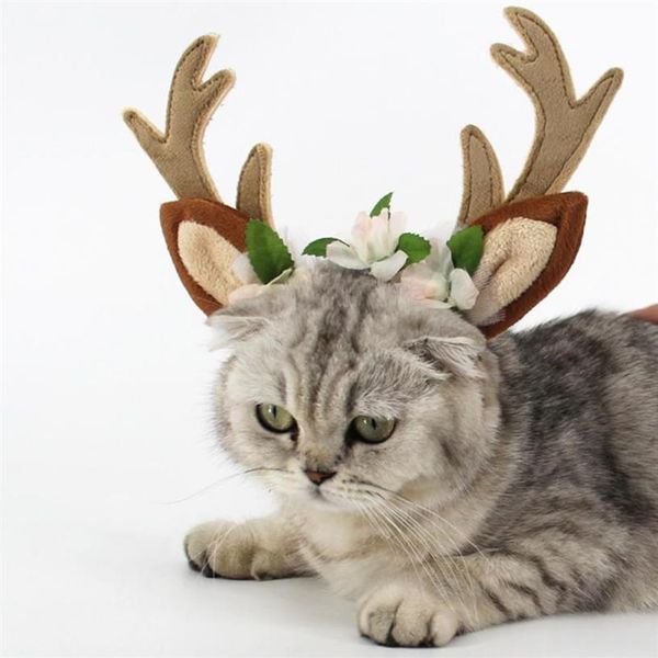 Trajes de gato S M L chapéu de rena de Natal curto flor de seda de pelúcia para cachorro gatinho acessórios para animais de estimação decoração de férias254B