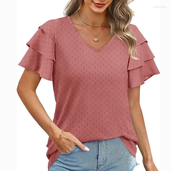 Blusas Femininas Sweet Três Camadas Blusa Manga Borboleta Blusa Feminina de Verão Casual Solta Chiffon Camisa Moda Curto Decote em V Roupas 26486