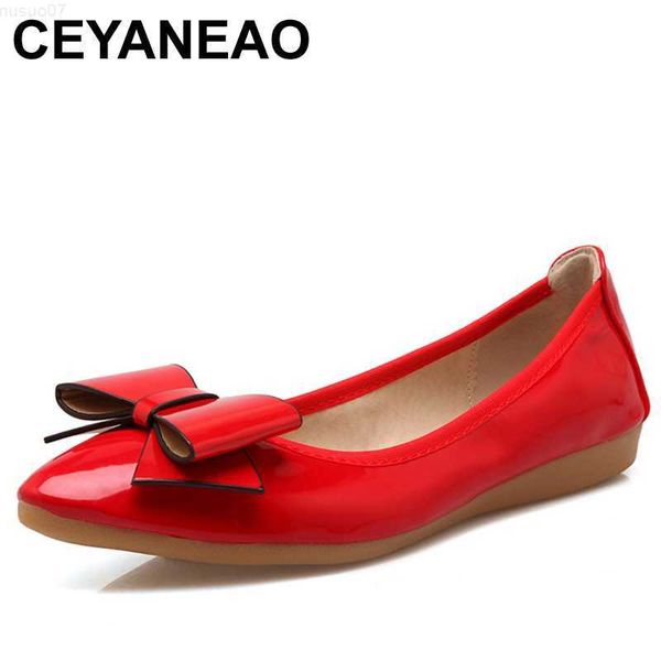 Sapatos sociais CEYANEAO Tamanho grande Primavera Outono Sapatos femininos Sapatos de balé dobráveis Couro envernizado Sola macia zapatos mujer E1580 L230721