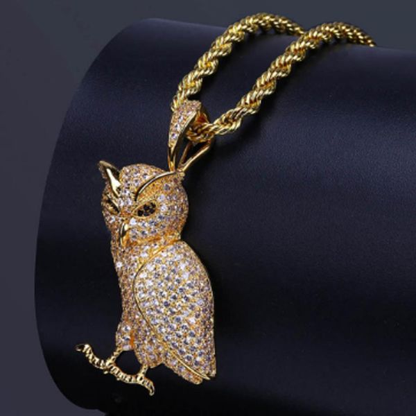 Luxuriöse Iced Out-Edelstahl-Halskette mit Tier-Eulen-Anhänger und 60 cm langer Seilkette, Mikro-Pavé-Kubikzirkonia, simulierte Diamanten, Pend211W