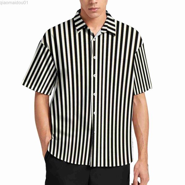 Camisas Casuais Masculinas Blusas Listradas Verticais Masculino Preto Linhas Brancas Camisas Casuais Havaianas Manga Curta Moda Personalizada Camisa de Praia Superdimensionada Presente L230721