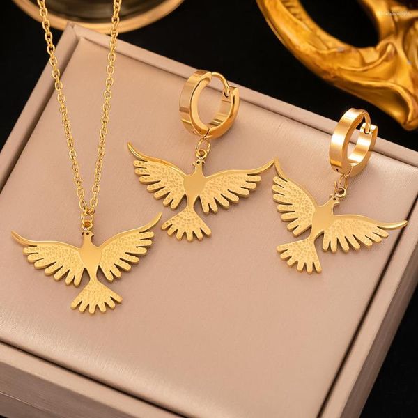 Halskette Ohrringe Set Edelstahl Gold Farbe Phoenix Anhänger Kette Ohrstecker Für Frauen Modeschmuck Geschenk