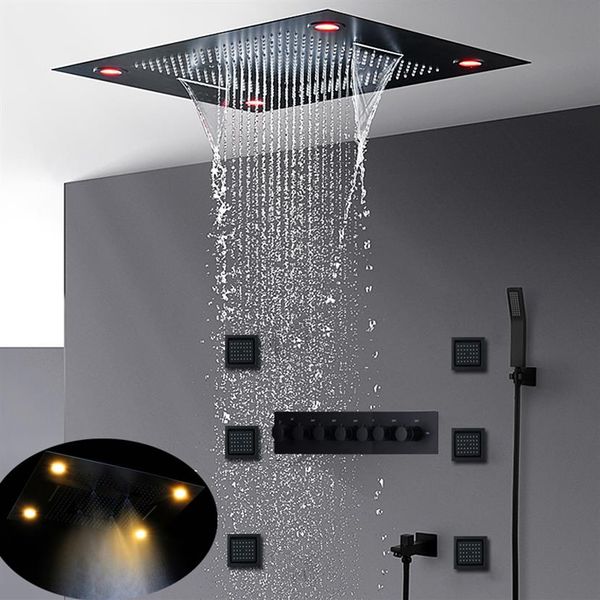 Luxo mais completo conjunto de chuveiro preto fosco teto oculto grande chuva LED chuveiro cascata banho termostático nebuloso Syste264I