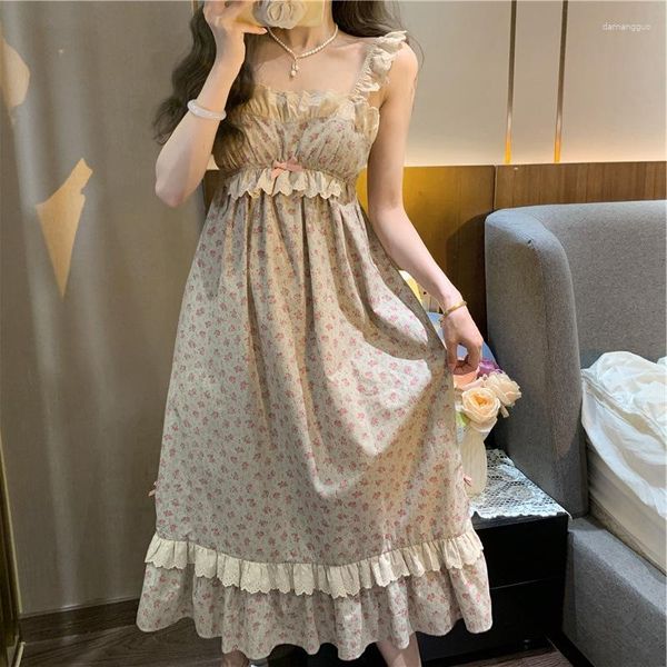 Damen Nachtwäsche Koreanische Kawaii Prinzessin Nachthemd Frauen Sommer Ärmellose Rüschen Gedruckt Nachthemden Süße Mädchen Pyjama