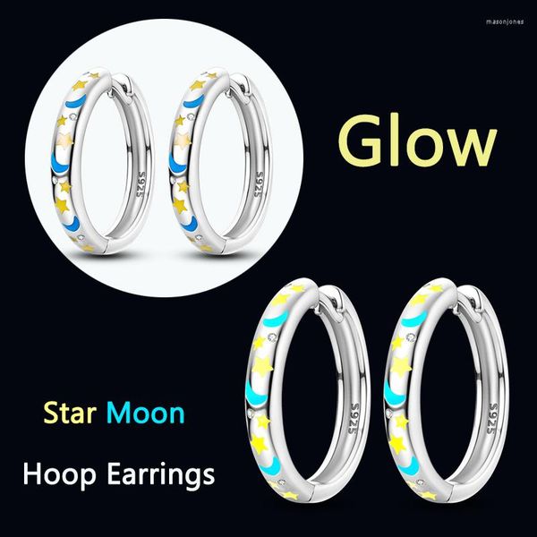 Çember Küpe 925 Gümüş Orijinal Gece Glow Star Moon Moon Zircon Kadınlar İçin Karşı Glow-Inthe-the Bark Up Up Up Umit Takı Hediyesi