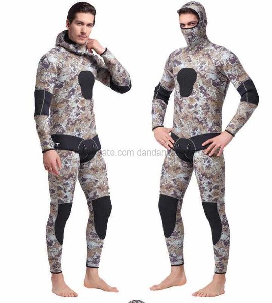 5mm Camouflage Muta per pesca subacquea Manica lunga Due pezzi Neoprene con cappuccio Uomo Tenere al caldo sott'acqua Immersioni Surf Tuta da snorkeling Pesca subacquea Rush Guard