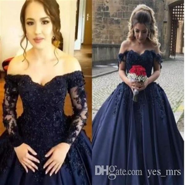 2020 lacivert quinceanera elbise balo elbisesi kapalı omuz 3d çiçek dantel aplikeler boncuklu süpürme treni saten korse balo akşam go247r