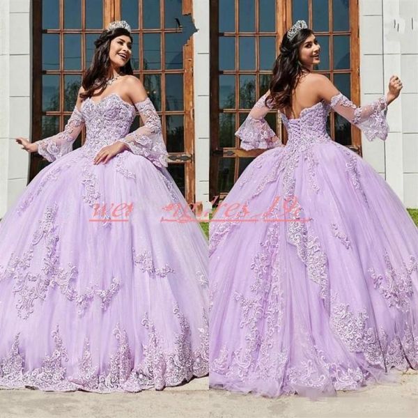 Charme Applique Lilla Abiti Quinceanera Ball Lace Plus Size Sweetheart 16 Tulle Girl Prom Party Dress Juniors Abiti formali Cus221A