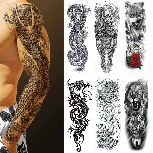 Adesivo tatuaggio manica grande braccio Adesivo tatuaggio temporaneo impermeabile Balena Tiger Fish Uomini Full Skull Totem Tatuaggio finto per le donne