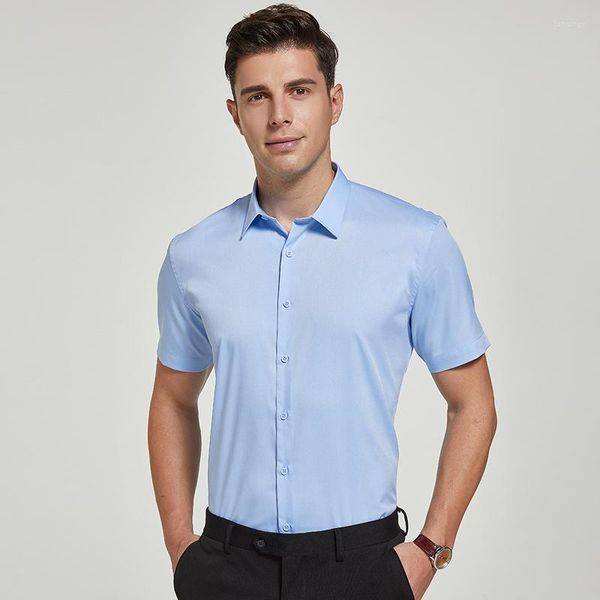 Camisas casuais masculinas verão fibra de bambu clássico manga curta conforto elástico antirrugas negócios slim fit preto branco trabalho de escritório