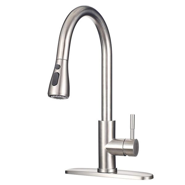 Rubinetto da cucina moderno in nichel spazzolato in acciaio inossidabile commerciale con spruzzatore a scomparsa Rubinetti per lavello monocomando ad arco alto con De177w