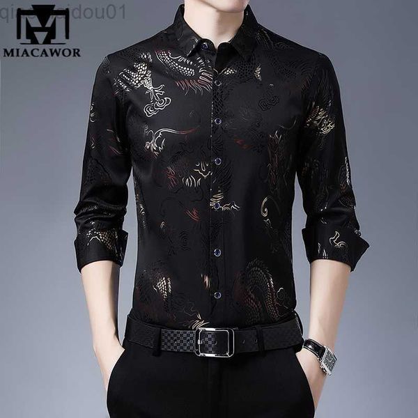 Camisas casuais masculinas 2023Novas camisas sociais masculinas slim fit com estampa de dragão chinês camisa de seda primavera manga longa camisas casuais camisa masculina C725 L230721