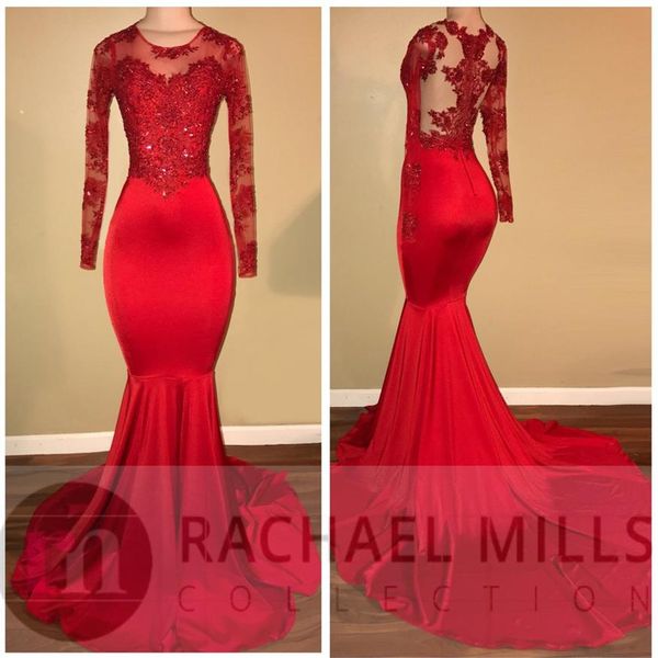 Modest Red Sheer Prom Dresses Mermaid Appliqued Paillettes African Black Girls Maniche lunghe Abiti da sera celebrità Abito da tappeto rosso264m