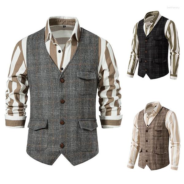 Herrenwesten Vintage Anzugweste Tweed Mai Khaki Englisch Plus Size Elegante formelle Kleider für Männer Anzüge Hochzeit 2023 Steampunk