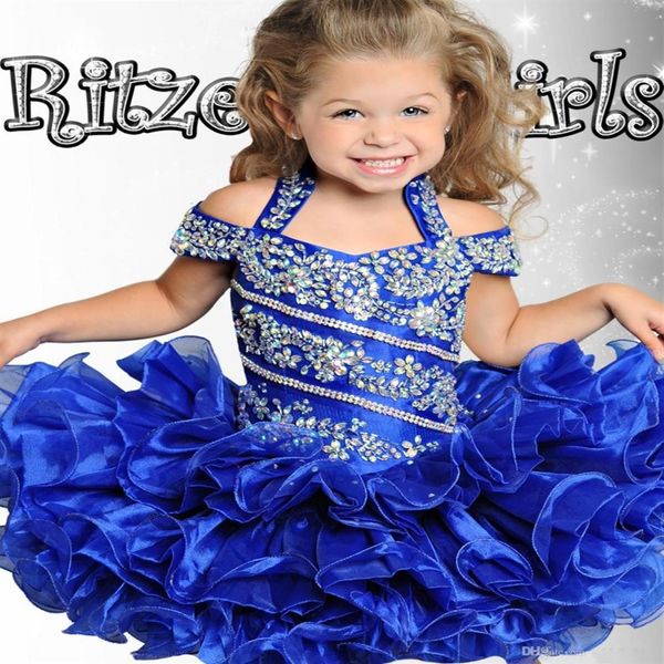 Bonito Cupcake Azul Real Criança Crianças Meninas Vestidos de Concurso Vestidos de Baile Fora do ombro Frisado Organza Mini Vestidos Curtos para Casamento221E
