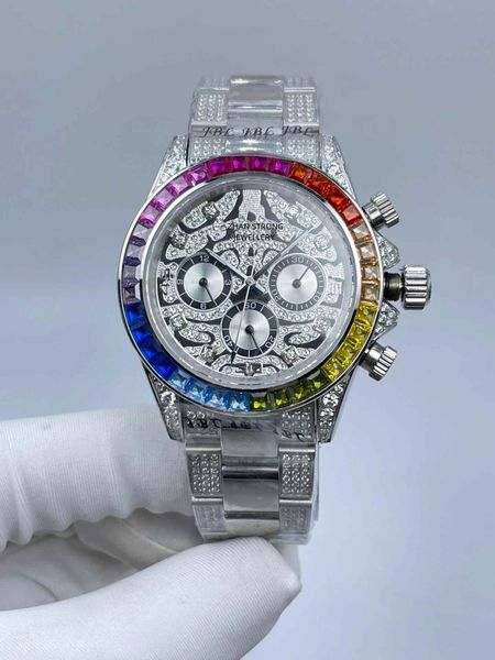 Relógios masculinos com movimento mecânico automático, mostrador de diamante cheio de gelo, designer de moda, relógio de homem em aço inoxidável, pulseira de borracha preta, relógio de pulso masculino esportivo