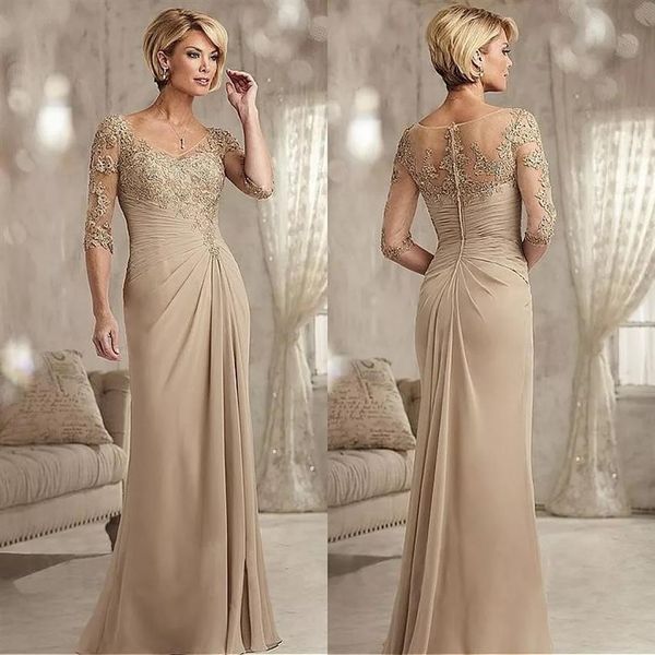 Abiti lunghi eleganti per la madre della sposa con maniche Sexy scollo a V Lunghezza intera Chiffon Abito da sposa in pizzo Sposo Mamma Festa Go276v