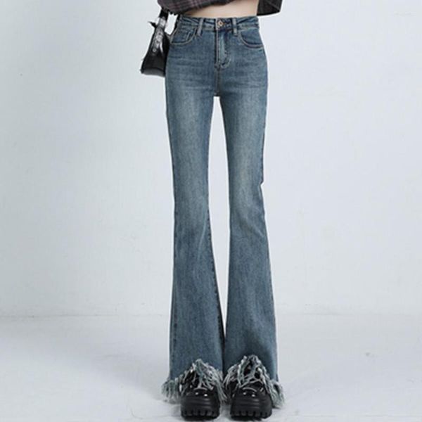 Damenjeans 2023 Damen Ausgestellte Jeanshose mit hoher Taille Vintage Stretch 90er Jahre Streetwear Y2k Boot Cut Hose Fransen Quastenhose