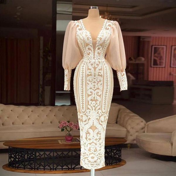 Edle arabische Abendkleider mit Spitze, sexy V-Ausschnitt, Etuikleid mit langen Ärmeln, Abendkleider, knöchellang, formelles Kleid225S