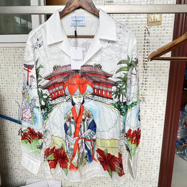 Mens Casual Shirts Casablanca Japanese Harajuku Retrato Print Beach Vacation Solto Men Women Casal Manga Comprida Real Po 230720