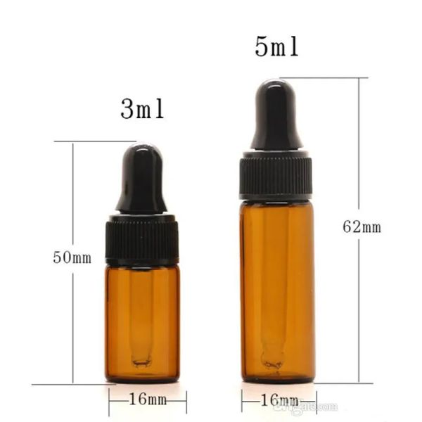 Bottiglie di vetro ambrato da 1 ml 2 ml 3 ml Bottiglie vuote con contagocce in vetro mini con tappo nero per il commercio all'ingrosso essenziale