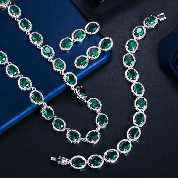 Gargantilhas Pera Lindo 3 Pcs Oval Azul Cz Nupcial Casamento Chocker Colar Brincos Pulseira Conjuntos de Jóias para Mulheres Vestido Acessórios J387