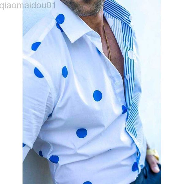 Camisas casuais masculinas 2021 outono masculino listrado azul bolinhas finas manga comprida camisas casuais europeu americano botão de lapela camisa social blusa masculina l230721