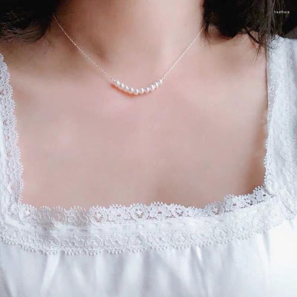 Цепочки S925 Pure Silver Natural Freshwater Pearl нежная улыбка ожерелье на колье Scar Day Day Bff Girl День рождения подарок