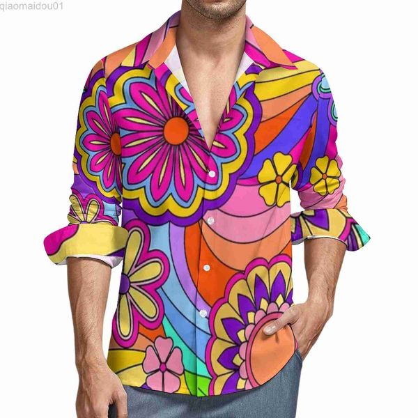 Мужские повседневные рубашки цветочные мощные рубашка осень -ритм хиппи ретро -повседневные рубашки модные блузки с длинным рукавом дизайн уличного стиля плюс размер L230721