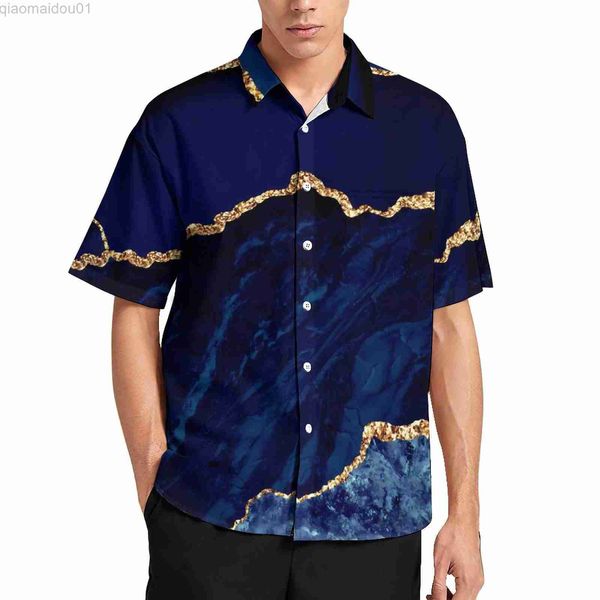 Camisas casuais masculinas Camisa casual com estampa de mármore Azul marinho Dourado Camisa solta para férias Havaí Blusas Y2K Design de manga curta Roupas grandes L230721