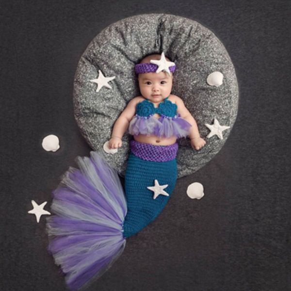 Lembranças nascidas conjunto de roupas de bebê linda menina azul sereia malha fantasia pografia adereço bandanas de crochê meninas crianças conjuntos de roupas 230720