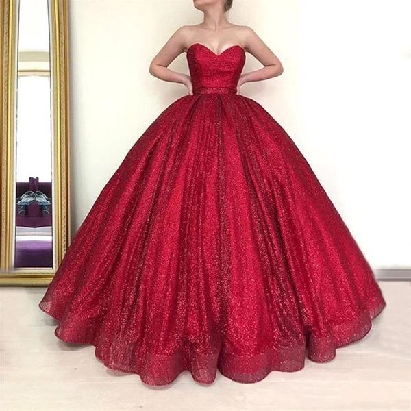 Red Long Dubai Arab Ball Gown Quinceanera Prom Dresses 2020 Puffy Ball Gown Sweetheart Glitter Borgogna Abiti da sera robe de soir176h