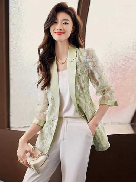 Damenanzüge Frühling Sommer Dünne Krawatte Gefärbte Blumenanzugjacke 2023 Dame Vintage Slim Perlen Single Button Professioneller Blazer Mantel Frauen