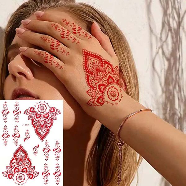 Rote Henna temporäre Tattoos für Frauen, Blumen-Mandala, Mehndi-Aufkleber für Hand, Damen-Körperschutz-Tattoo, wasserfest
