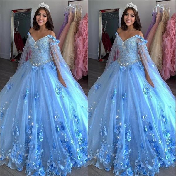 Light Blue New Sweet 16 Abiti Abiti da ballo Fiori fatti a mano Applique in rilievo Abiti da Quinceanera Abito con impacchi Prom Pageant2723