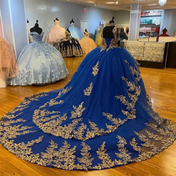 Königsblaue Quinceanera-Kleider für 16-jährige Mädchen, Applikationen, Perlenstickerei, Prinzessin, Geburtstag, Schnürkorsett, Abendkleid für 15 Jahre, Qui342m