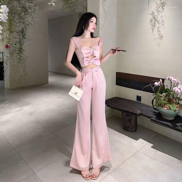 Frauen zweiteilige Hosen Süße Pink Set Frauen Sommer sexy Hollow Bow weiße Satin Top Wide Legoser Luxus 2 Elegant hübsches Partykleid