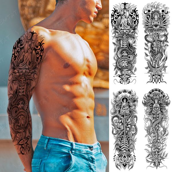 Tatuagem Tatuagem de Braço Inteiro Grande Japonês Buda Shakyamuni À Prova D' Água Tatuagem Temporária Adesivo Totem Homens Mulheres Tatuagem Estilo Asiático