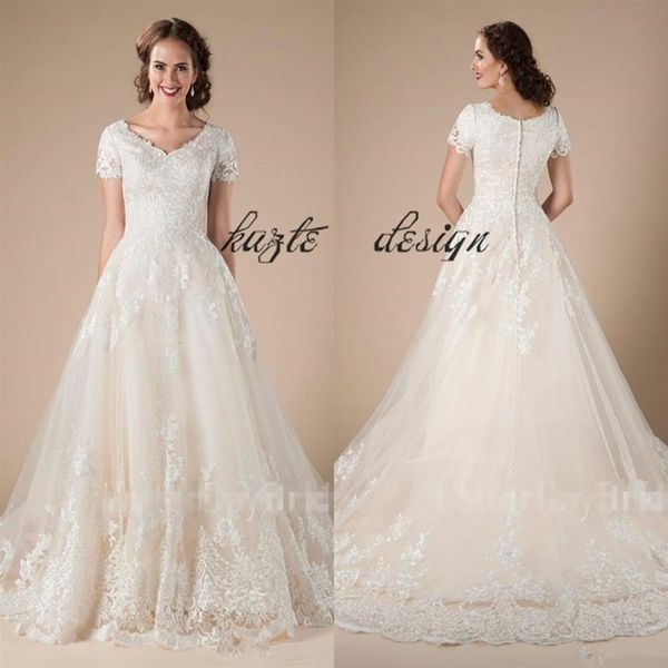 Abiti da sposa modesti vintage in tulle di pizzo a trapezio con applicazioni a maniche corte Abiti da sposa country occidentali formali Temple Bridal278I