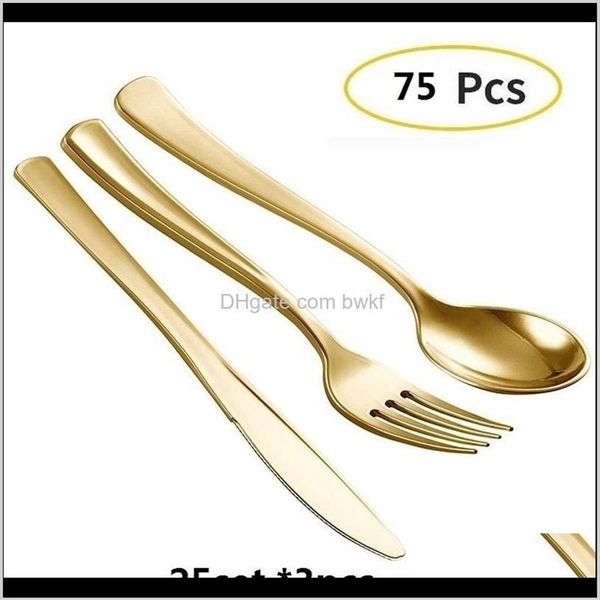 Sets Küche Esszimmer Bar Home Garten Drop Lieferung 2021 75 stücke Einweg Gold Besteck Kunststoff Hochzeit Party Geschirr Bronze Gold293n