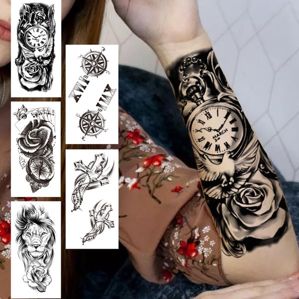 Bussola Mezza Manica Tatuaggi Temporanei Per Donna Uomo Adulto Croce Nera Adesivo Tatuaggio Realistico Falso Leone Tatoo Uccello Orologio Fiore
