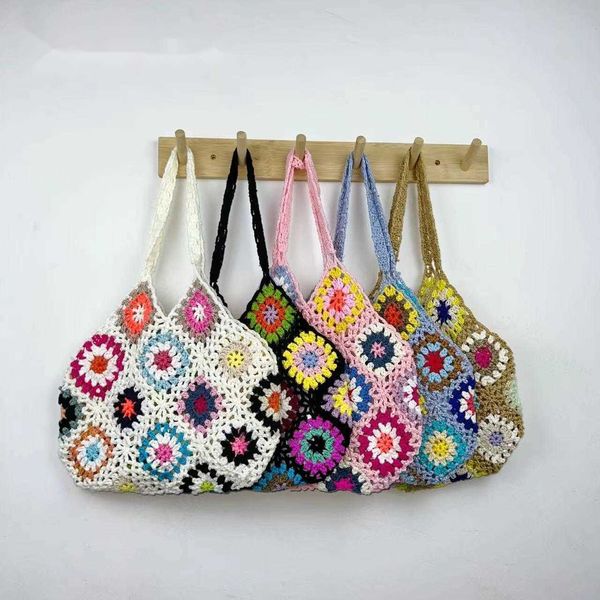 Bolsa floral de crochê de malha estilo desleixado bolsas de ombro bolsas femininas feitas à mão estilo étnico bloco de flores padrão trabalho pesado bolsa de ombro